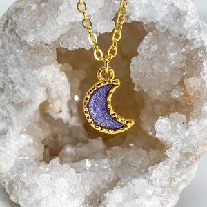 3/$20 14k Gold Purple Glitter Resin Moon Handmade Charm Pendant Necklace